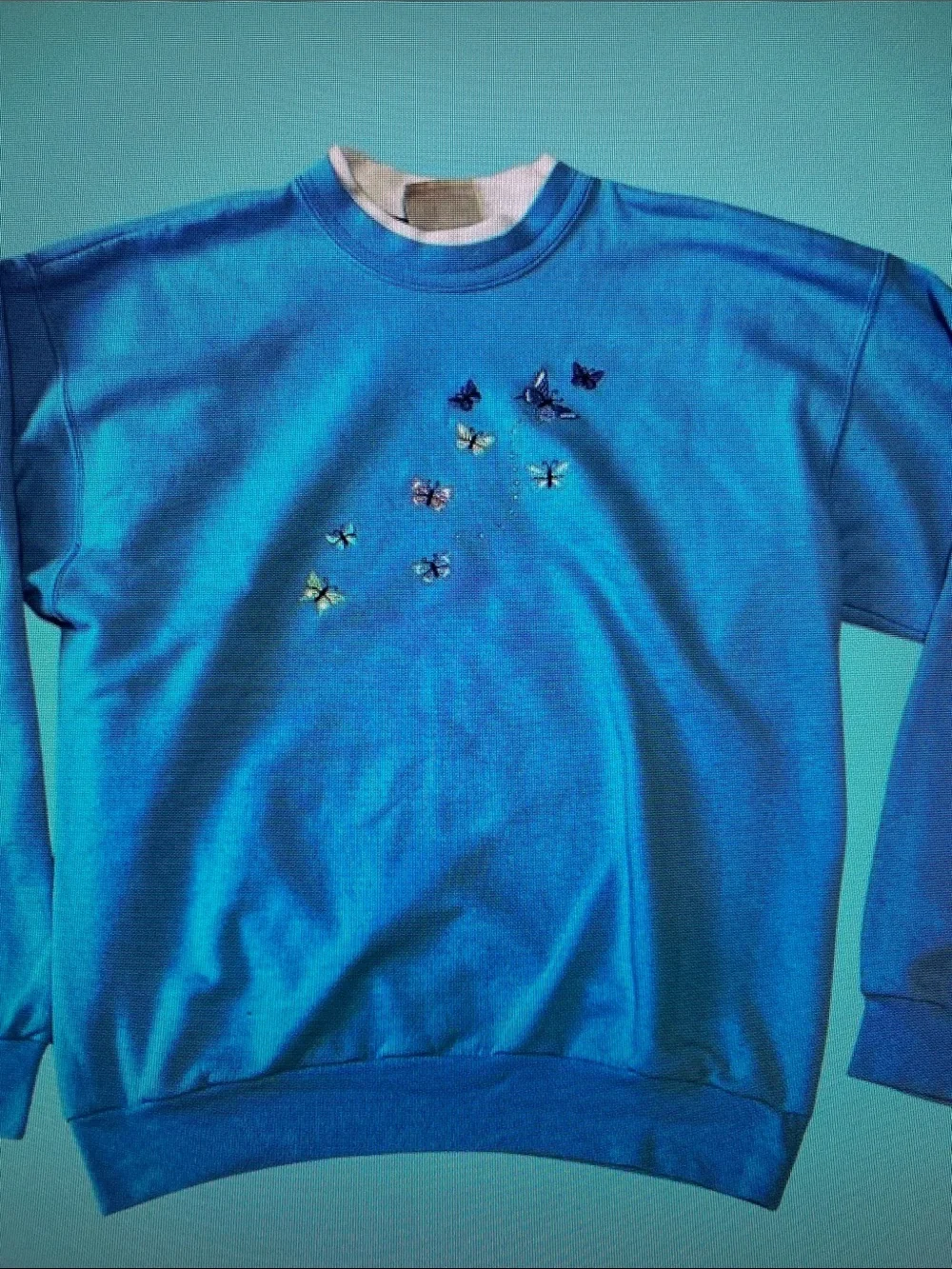 Women's Light Blue Butterfly Embroidered Crewneck Sweatshirt